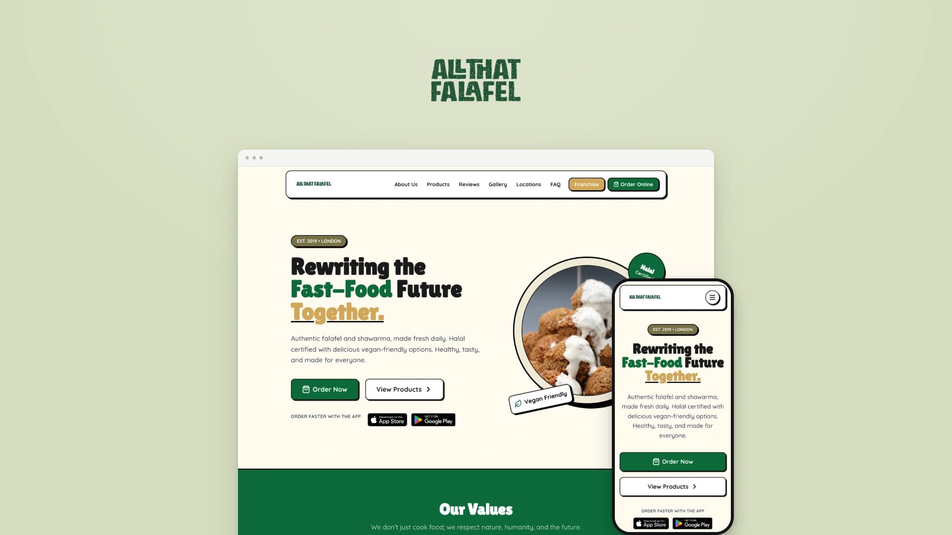 All That Falafel logosu altında restoranın masaüstü ve mobil web sitesi