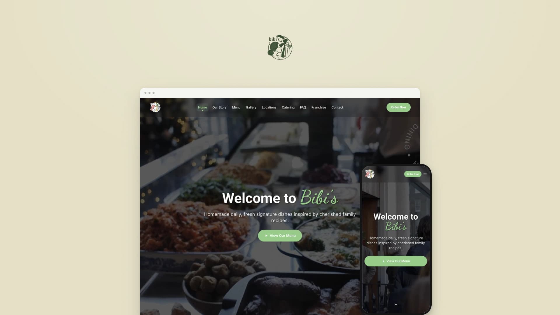 Bibi's logosu altında restoranın masaüstü ve mobil web sitesi