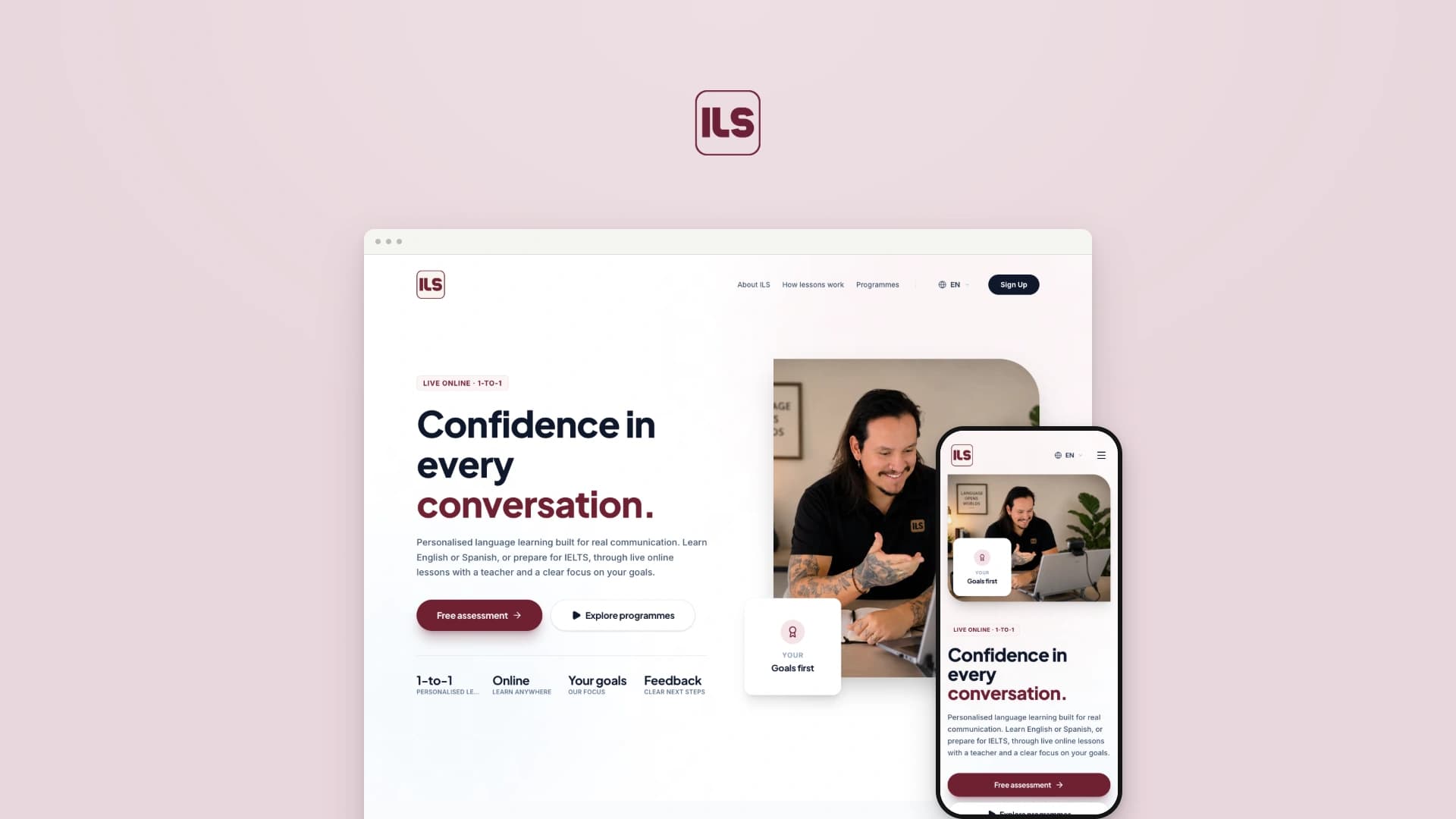 Isla Lingua logosu altında dil okulunun masaüstü ve mobil web sitesi