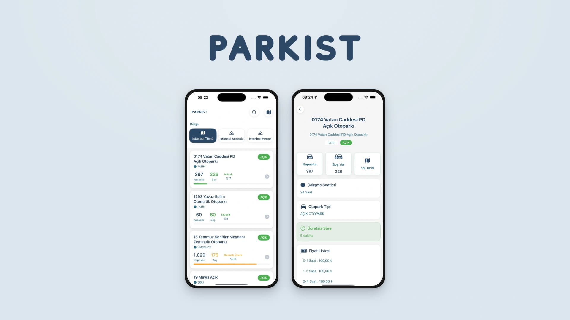 ParkIst logosu altında otopark listesi ve otopark detayını gösteren iki uygulama ekranı