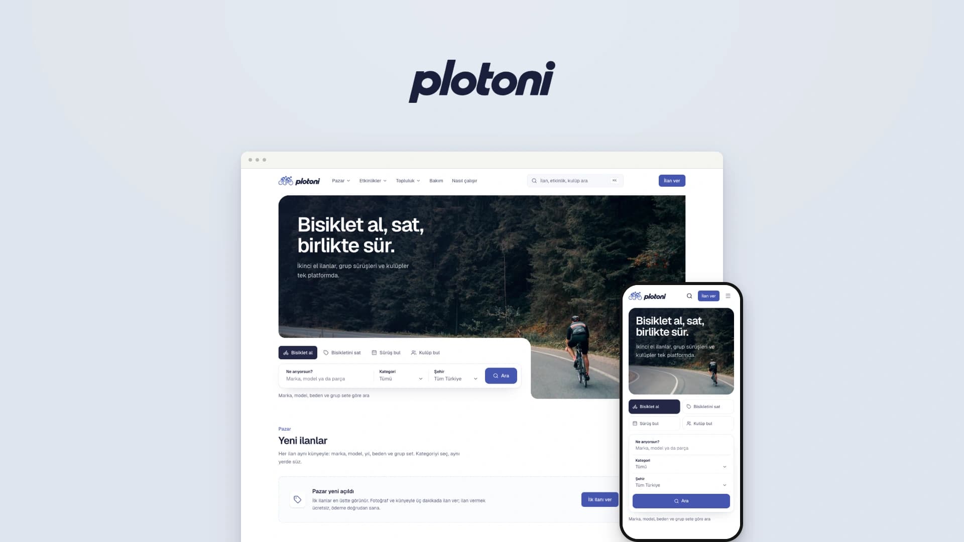 Plotoni logosu altında bisiklet platformunun masaüstü ve mobil görünümü