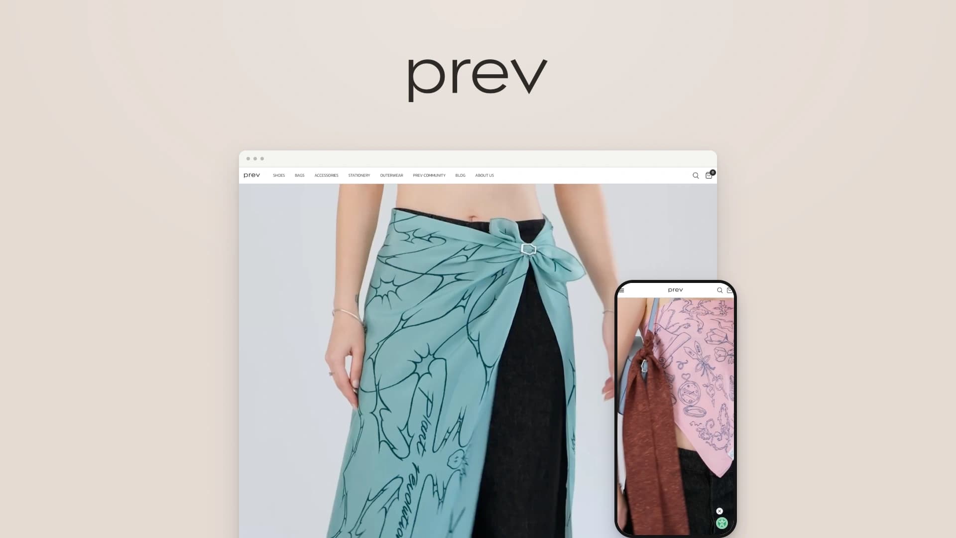 Prev logosu altında mağazanın masaüstü ve mobil web sitesi