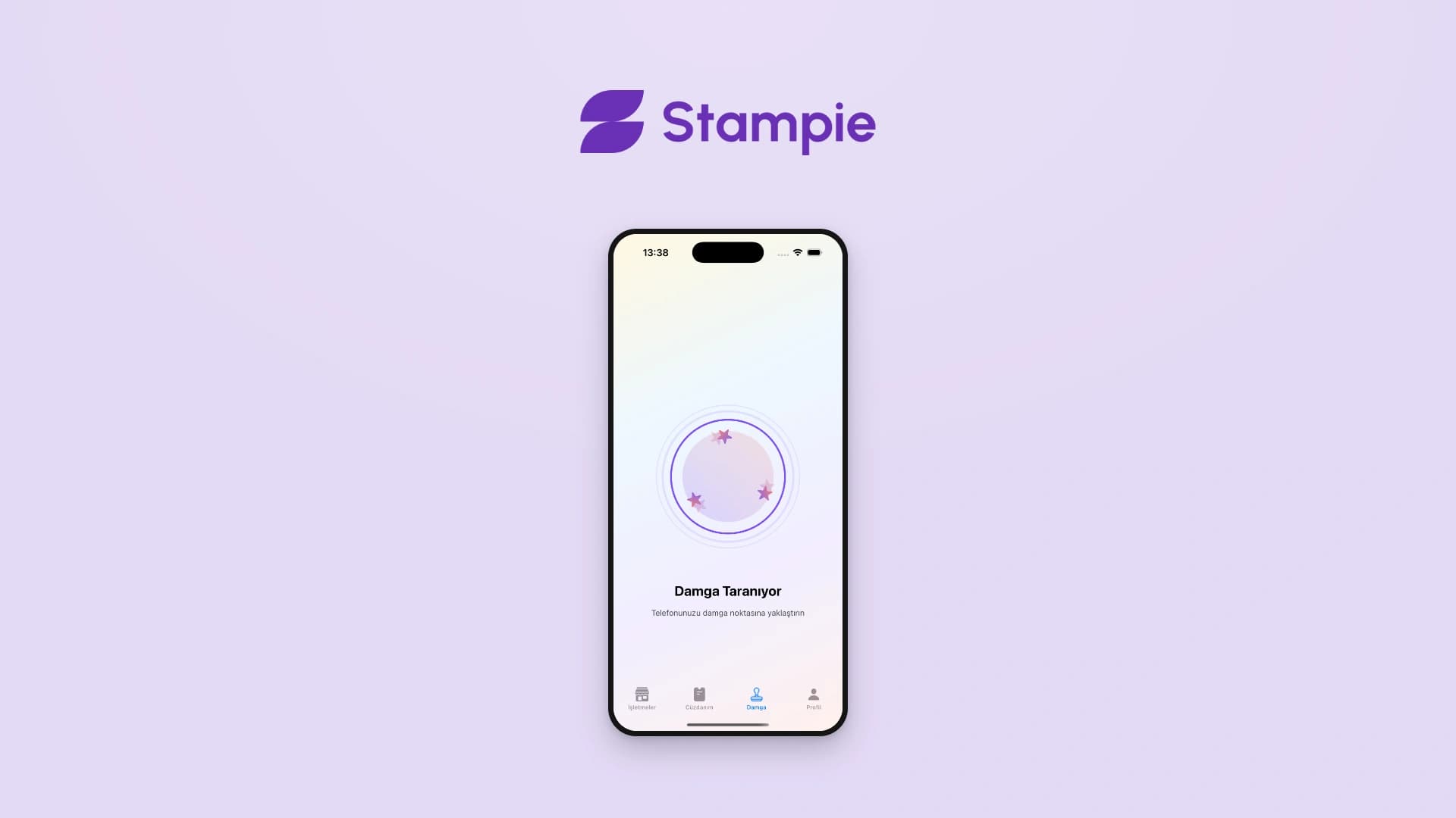 Stampie logosu altında uygulamanın Damga Taranıyor ekranı